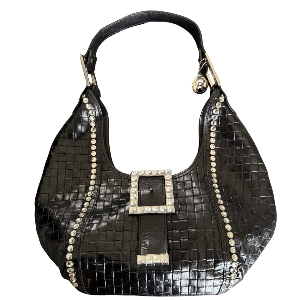 Raviani Black Woven Leather Hobo Bag Rhinestone Buckle Y2K